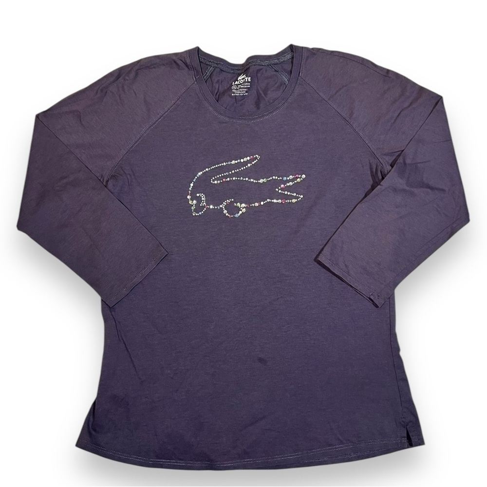Lacoste Women’s 3/4 Sleeve Rhinestone Pima Cotton Tee Eggplant Size 40 (Medium)